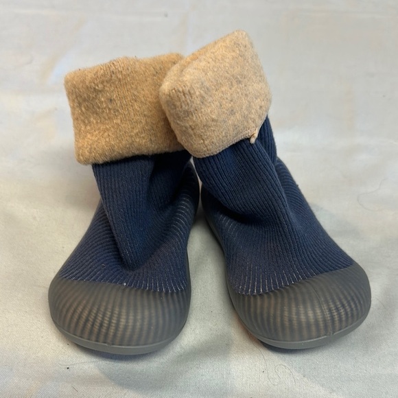 Navy and Tan soft sole Baby Booties - Picture 1 of 4